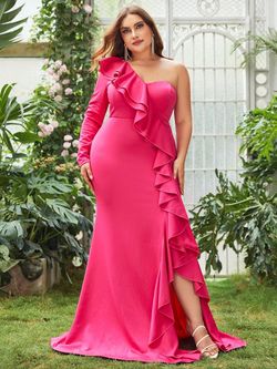Style FSWD1252P Faeriesty Pink Size 28 One Shoulder Polyester Spandex Plus Size Mermaid Dress on Queenly