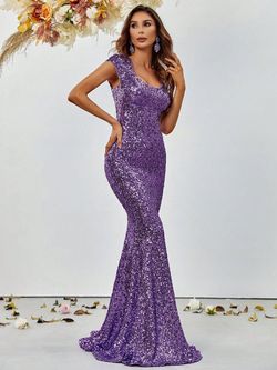 Style FSWD1195 Faeriesty Purple Size 0 Military Sequined Mermaid Dress on Queenly