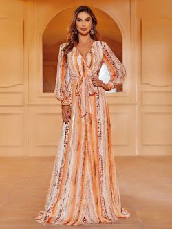 Style FSWD0096 Faeriesty Orange Size 4 Long Sleeve Military Floor Length Straight Dress on Queenly