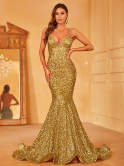 Style LAWD8017 Faeriesty Gold Size 0 Lawd8017 Spaghetti Strap Sequined Floor Length Mermaid Dress on Queenly