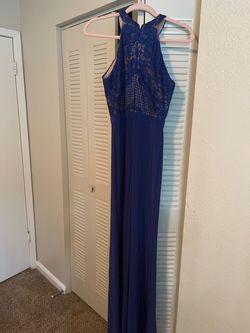 Style 21521 Nightway Blue Size 6 Military High Neck Jersey Mermaid Dress on Queenly