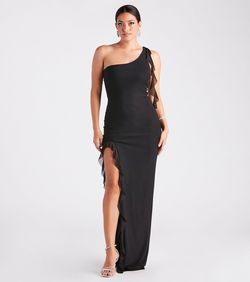 Style 05002-7584 Windsor Black Size 0 Ruffles Sheer Tall Height Side slit Dress on Queenly