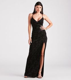 Style 05002-7431 Windsor Black Size 4 Velvet Wedding Guest Strapless Side slit Dress on Queenly