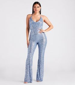 Style 06402-1294 Windsor Blue Size 0 Spaghetti Strap Sorority Jersey Floor Length Jumpsuit Dress on Queenly