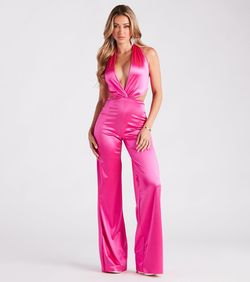 Style 06402-1330 Windsor Pink Size 8 Floor Length Cut Out Halter Straight Jumpsuit Dress on Queenly