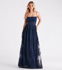 Style 05002-7164 Windsor Blue Size 0 Prom Floor Length Pattern Straight Dress on Queenly