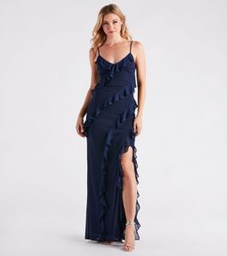 Style 05002-7587 Windsor Blue Size 12 Ruffles Mermaid Side slit Dress on Queenly