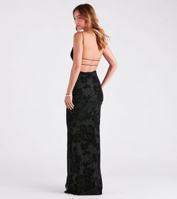 Style 05002-7481 Windsor Black Size 8 Square Neck Floor Length Floral Military Mermaid Dress on Queenly
