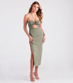 Style 05102-5068 Windsor Green Size 4 Jersey Floor Length Cut Out Side slit Dress on Queenly