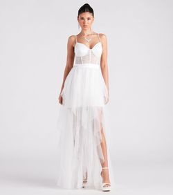 Style 05002-7013 Windsor White Size 8 Tall Height Padded Spaghetti Strap Side slit Dress on Queenly