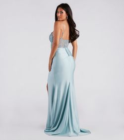 Style 05002-6904 Windsor Blue Size 0 Bridesmaid Corset Lace Side slit Dress on Queenly
