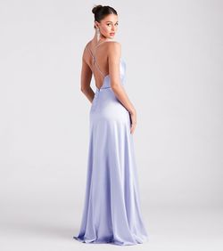 Style 05002-7077 Windsor Blue Size 0 Prom Satin Floor Length Side slit Dress on Queenly
