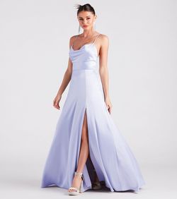 Style 05002-7077 Windsor Blue Size 0 Satin Floor Length Side slit Dress on Queenly