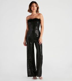 Style 06402-0490 Windsor Black Size 8 Nightclub Sorority Party Feather Jumpsuit Dress on Queenly