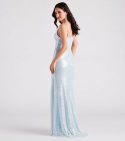 Style 05002-7167 Windsor Blue Size 0 Pattern V Neck Wedding Guest Side slit Dress on Queenly