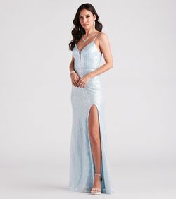 Style 05002-7167 Windsor Blue Size 4 Pattern Sequined Bridesmaid Sweet Sixteen Side slit Dress on Queenly