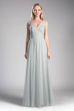 Style CDET320 Cinderella Divine Green Size 14 Floor Length V Neck Sheer Bridesmaid A-line Dress on Queenly