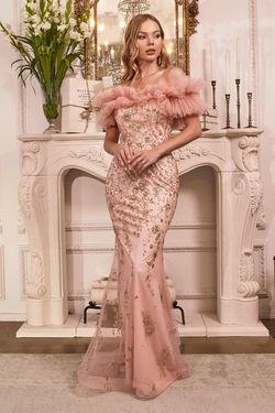 Style CDJ818 Cinderella Divine Pink Size 6 Pattern Ruffles Tall Height Floor Length Mermaid Dress on Queenly