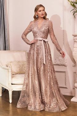 Style CD233 Cinderella Divine Pink Size 10 V Neck Rose Gold Long Sleeve Floor Length A-line Dress on Queenly