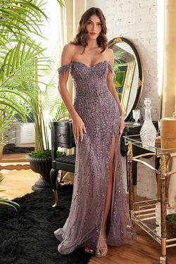 Style CD0203 Cinderella Divine Purple Size 0 Violet Black Tie Prom Sequined Side slit Dress on Queenly