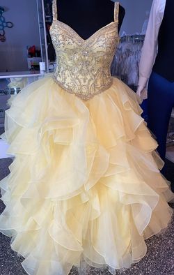Style 89148 MoriLee Yellow Size 18 Beaded Top Plus Size Floor Length Ball gown on Queenly