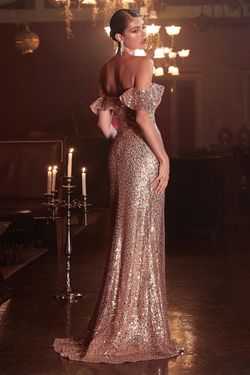 Style CDCH167 Cinderella Divine Gold Size 4 Black Tie Sequined Tall Height Side slit Dress on Queenly