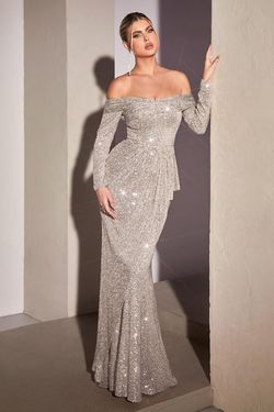Style CDCH135 Cinderella Divine SIlver Size 28 Cdch135 Long Sleeve Flare Sequined Mermaid Dress on Queenly