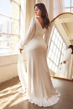 Style CD7478W Cinderella Divine White Size 8 Tall Height Floor Length Long Sleeve Side slit Dress on Queenly