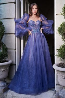 Style CDB709 Cinderella Divine Blue Size 10 Tall Height Sweetheart Long Sleeve A-line Dress on Queenly