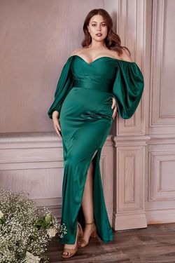 Style CD7482 Cinderella Divine Green Size 12 Plus Size Cd7482 Sleeves Prom Emerald Side slit Dress on Queenly
