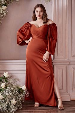 Style CD7482 Cinderella Divine Brown Size 14 Sleeves Tall Height Side slit Dress on Queenly