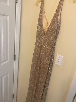 Style 1068 Mac Duggal Gold Size 4 Plunge Jersey Side slit Dress on Queenly