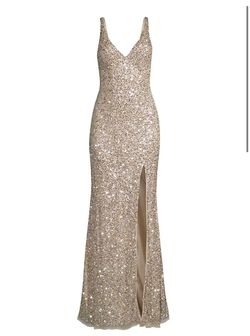 Style 1068 Mac Duggal Gold Size 4 Plunge Jersey Side slit Dress on Queenly