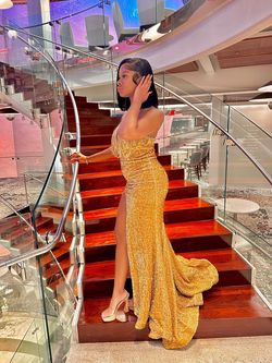 Style PS23521 Portia and Scarlett Gold Size 6 Sweetheart Sequined Side slit Dress on Queenly