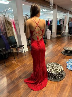 La Femme Bright Red Size 00 V Neck Lace Floor Length Mermaid Dress on Queenly