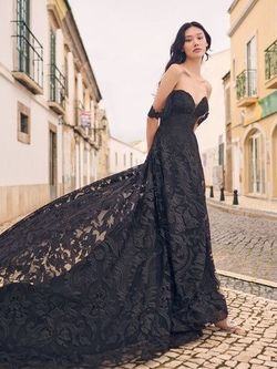 Style Penny Maggie Sottero Black Size 8 Tulle Lace Sleeves Tall Height A-line Dress on Queenly