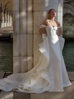 Style Pruneti Nicole Milano White Size 14 Silk Overskirt Sleeves Pruneti Train Mermaid Dress on Queenly