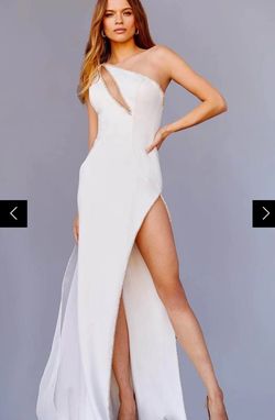 Style 22791 Jovani White Size 2 One Shoulder Free Shipping Side slit Dress on Queenly
