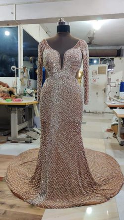 Style long sleeve plus size crystal beaded evening gown - C2023-Shontay Darius Cordell Nude Size 14 Pageant Black Tie Plunge Fully Beaded Prom Straight Dress on Queenly