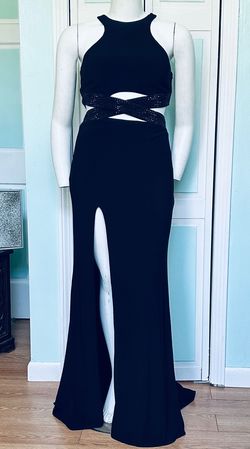 Style 22206 La Femme Black Size 14 Jersey Side Slit Mermaid Dress on Queenly