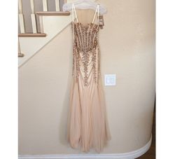 Style Champagne Sequined Corset Sweetheart Neckline Formal Prom Mermaid Dress Amelia Couture Nude Size 4 Military Corset Floor Length Sheer Mermaid Dress on Queenly