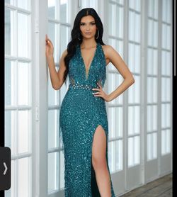 Aleta Blue Size 6 Fringe Prom Side slit Dress on Queenly