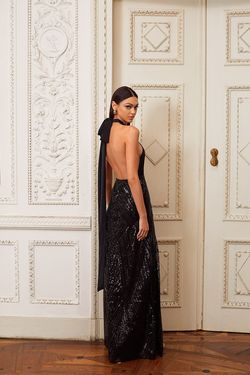 Style Maria Alamour The Label Black Size 16 Pattern Sequined Floor Length Straight Dress on Queenly