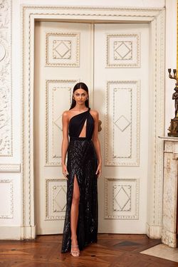 Style Maria Alamour The Label Black Size 16 Pattern Sequined Floor Length Straight Dress on Queenly