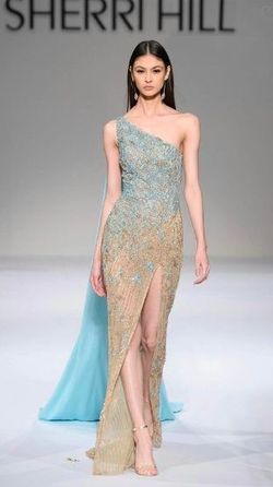 Sherri Hill Blue Size 2 Floor Length Cape Side slit Dress on Queenly