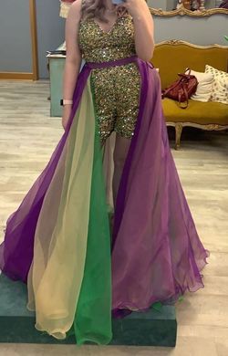 Ashley Lauren Multicolor Size 12 Mardi Gras Plunge Jumpsuit Dress on Queenly
