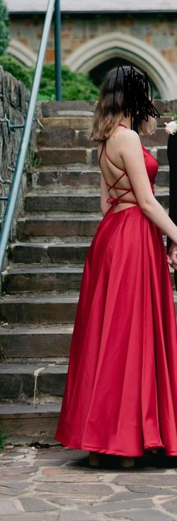 Clarisse Red Size 4 Plunge Floor Length Side slit Dress on Queenly