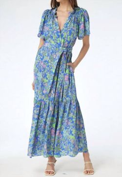 Style 1-3372602025-2696 GILNER FARRAR Blue Size 12 High Neck Belt Floral Ruffles Straight Dress on Queenly