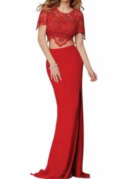 Style 1-3454618834-649 JOVANI Red Size 2 Lace Free Shipping Side slit Dress on Queenly