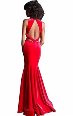 Style 1-797090866-2168 JOVANI Red Size 8 Halter Backless Velvet Mermaid Dress on Queenly